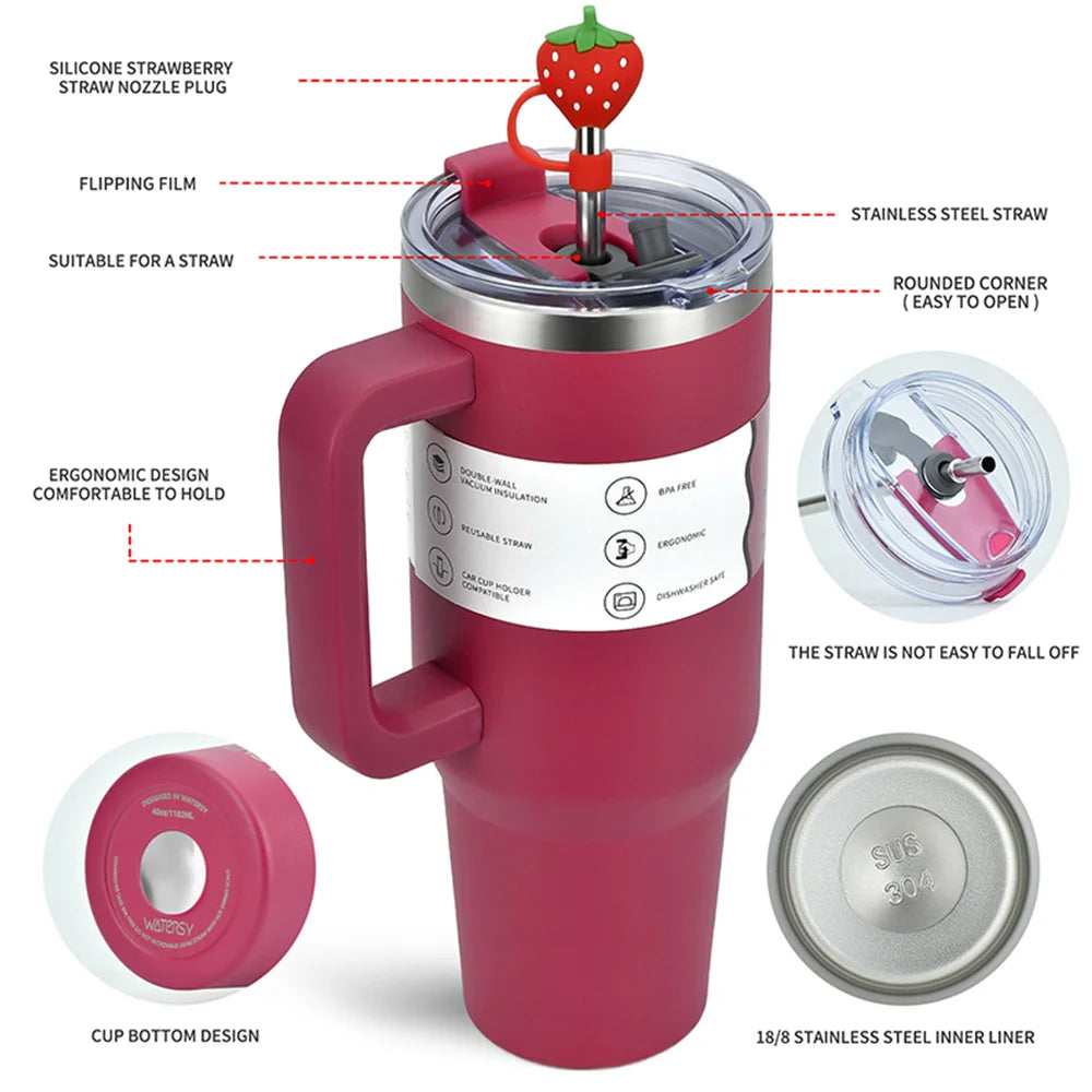 Large Capacity Stainless Steel Thermal Mug Tumbler with Handle and Straw for Office or Home Coffee Gifts Cup