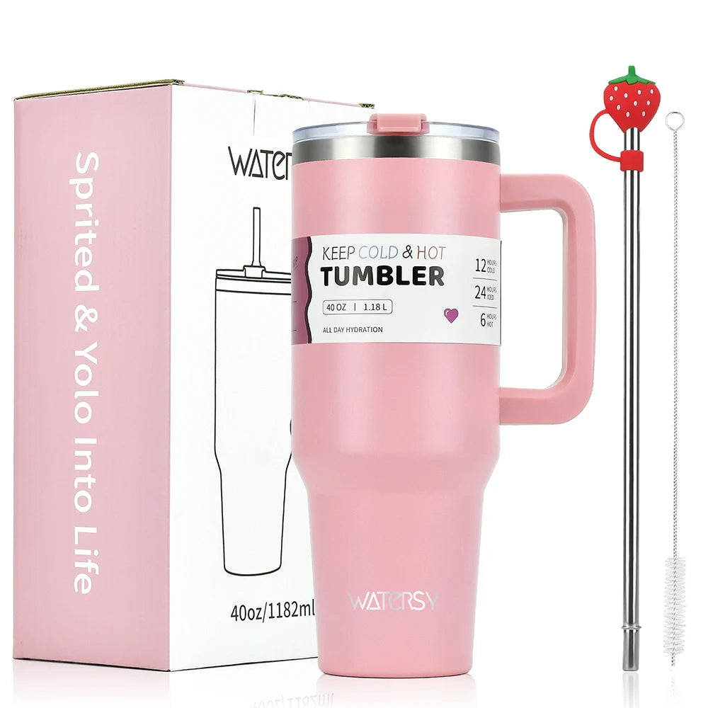 Large Capacity Stainless Steel Thermal Mug Tumbler with Handle and Straw for Office or Home Coffee Gifts Cup